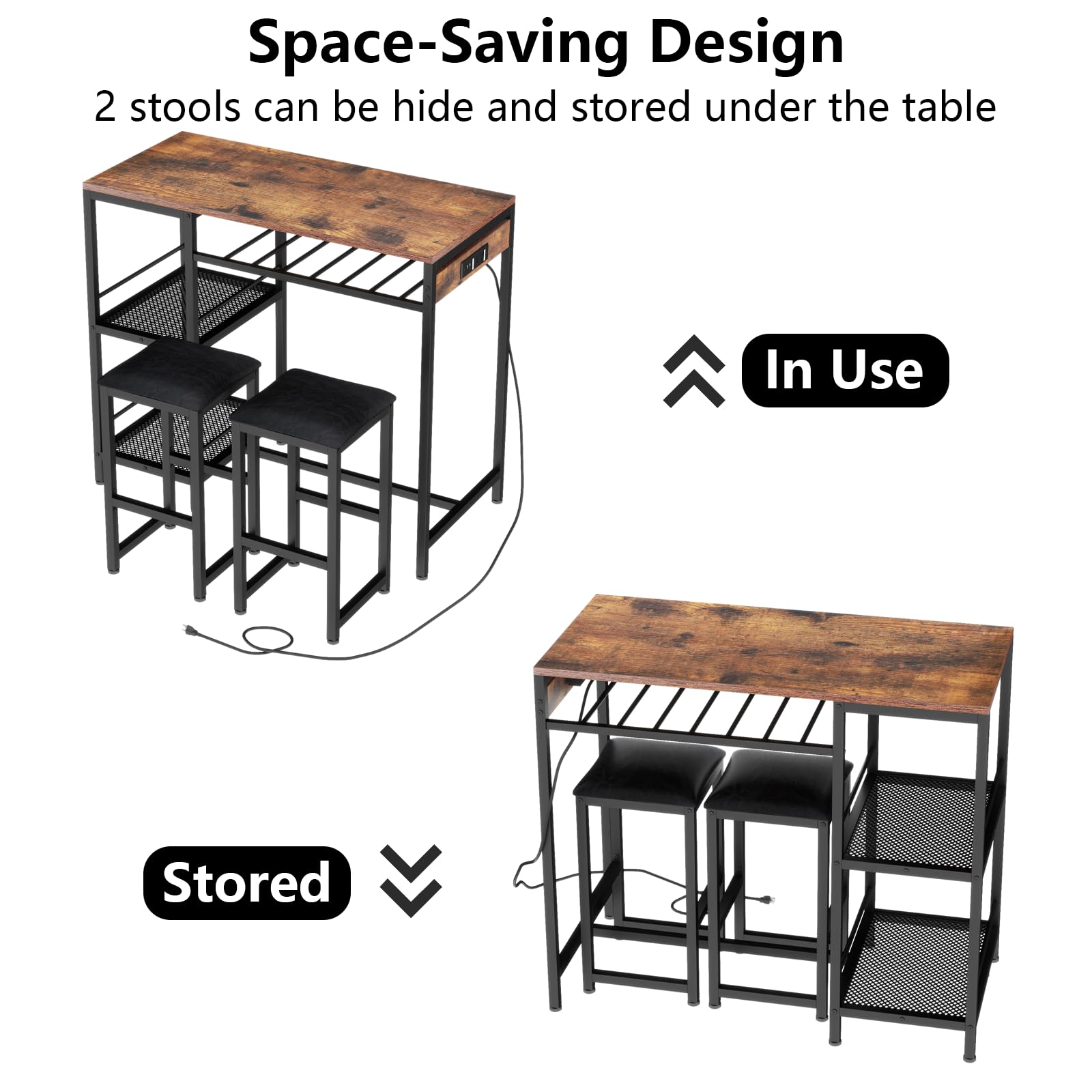 Gyfimoie Rustic Bar Table and Chair Set with Power Outlet, Storage Shelves, and Wine Rack - WoodArtSupply