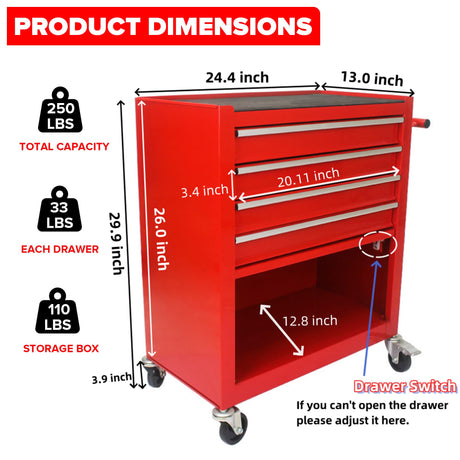nifoti 4 Drawers Tool Cart on Wheels,Rolling Tool Box Tool Storage， Drawers Rolling Tool Box Organizer Tool Case for Garage, Warehouse, Workshop, nifoti