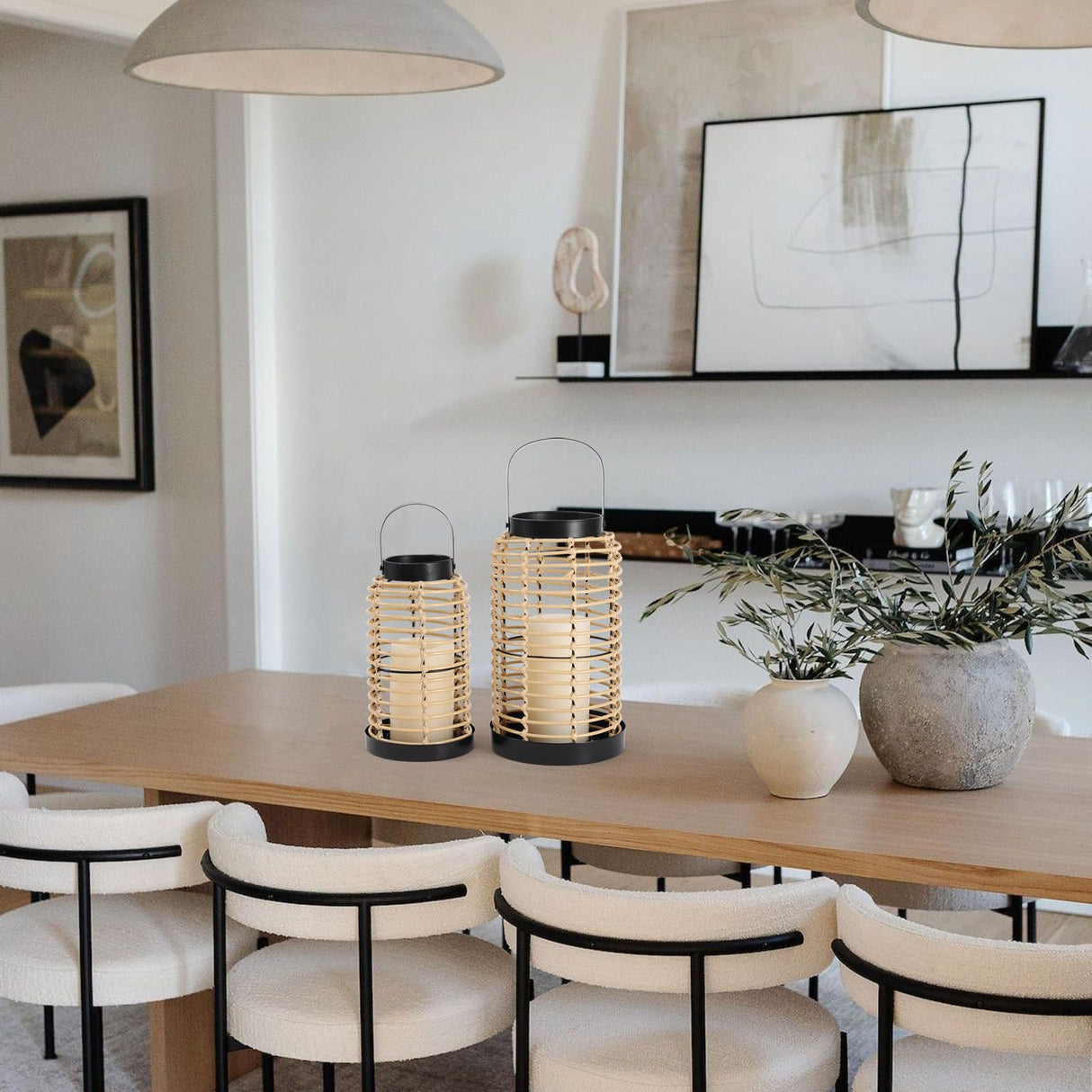 Handwoven Boho Lanterns Set of 2 – Decorative Candle Holders for Living Room, Dining Table Centerpiece, Patio & Porch – Modern Farmhouse & Bohemian Home Décor, Handcrafted Woven Lanterns SUJUN