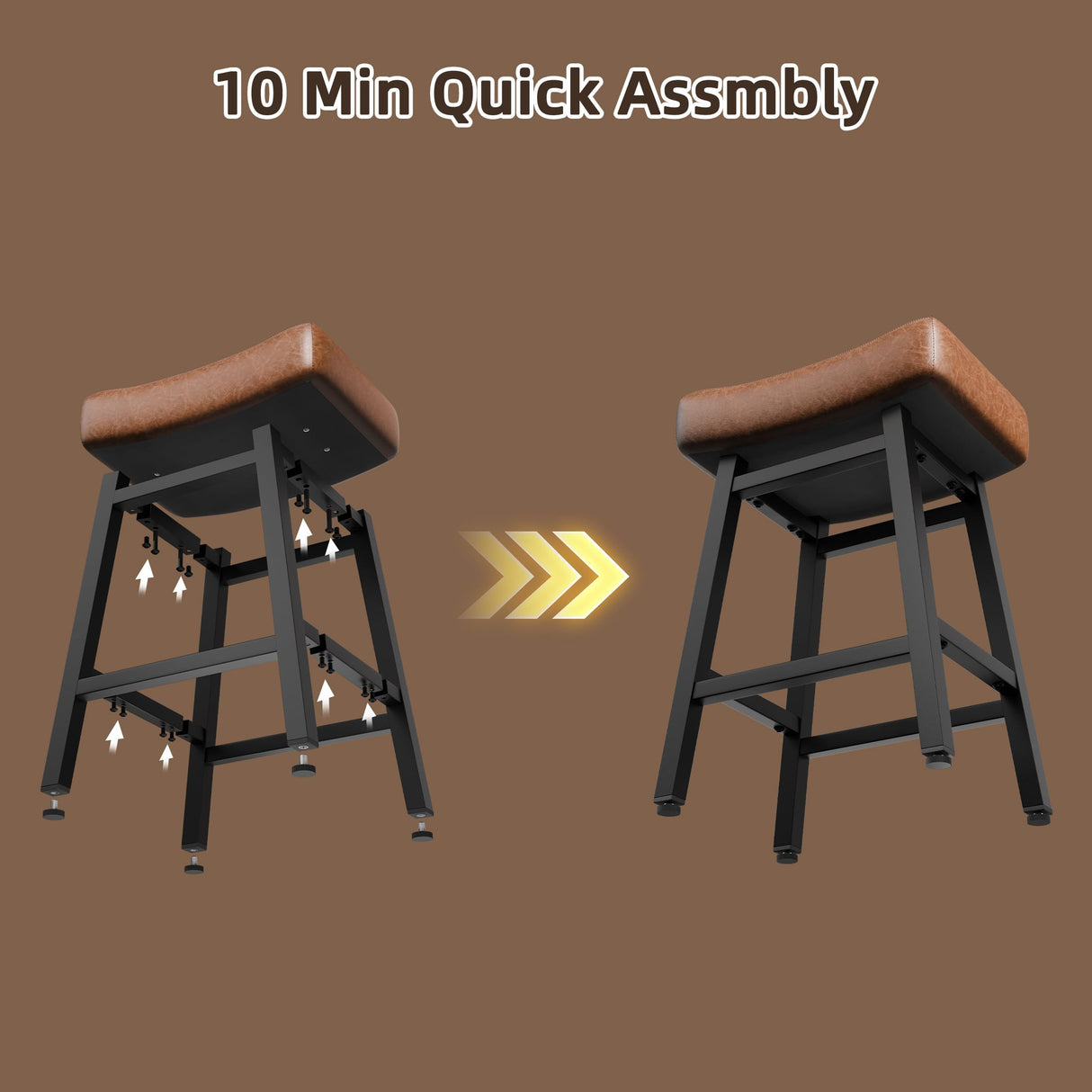LONXIU Counter Height Bar Stools Set of 3, 24 Inch Backless BarStools for Kitchen Island Leather Saddle Bar Chairs Kitchen Stools with 4" Thick Seats & Heavy Duty Metal Base, Brown LONXIU