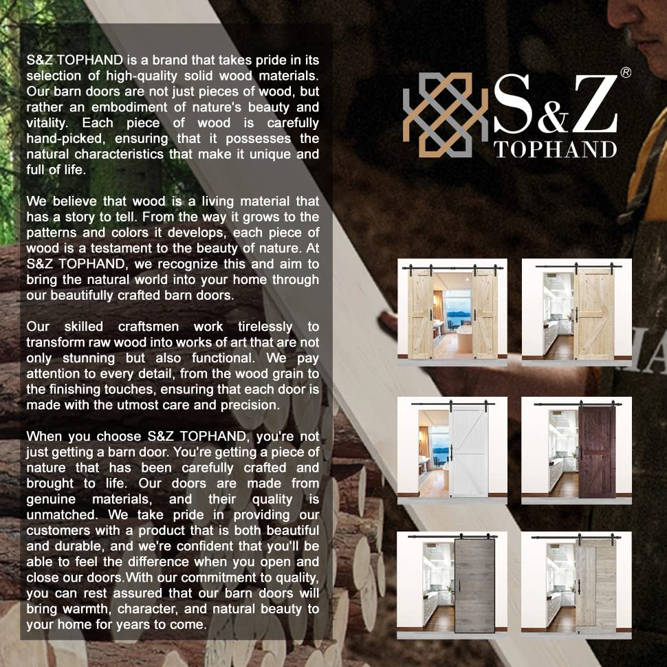 S&Z® 42 in. x 84 in. Barn Door, 20-60in Unfinished British Brace Barn Door/Modern Style/Solid Wood/Sliding Door/Simple Assembly is Required (42 in) S&Z TOPHAND
