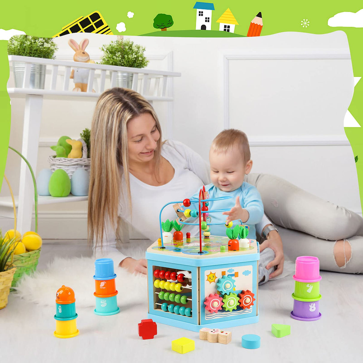 Vomocent Wooden Activity Cube for 1 Year Old Kids, Educational Learning Bead Maze for Toddler Age 1-3, Developmental Montessori Toys for 12-36 Months Boys Girls Gift Vomocent