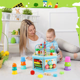 Vomocent Wooden Activity Cube for 1 Year Old Kids, Educational Learning Bead Maze for Toddler Age 1-3, Developmental Montessori Toys for 12-36 Months Boys Girls Gift Vomocent