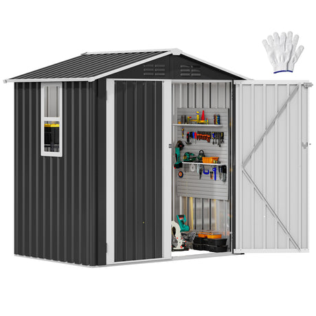 DWVO 6x4ft Metal Tool Shed with Window, Outdoor Storage Shed for Backyard, Lawn, and Patio, Heavy-Duty Storage Unit with Four Vents & Lockable Door for Storing Tools, Equipment & Trash Bins, Dark Gray DWVO