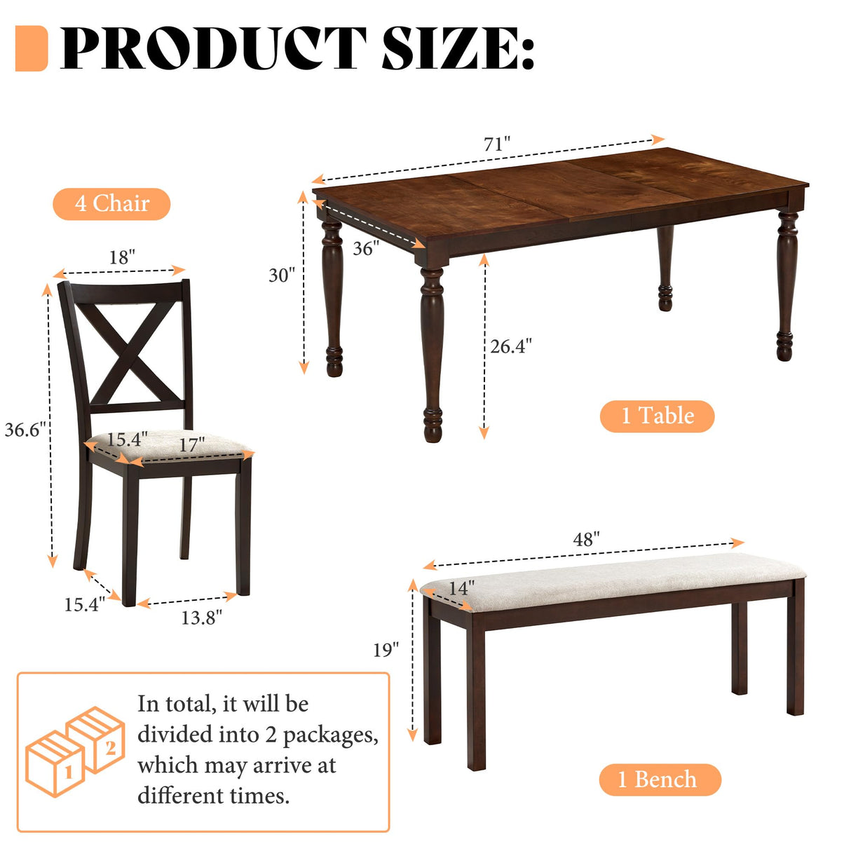 AMERLIFE 6 Piece Farmhouse Dining Table Set, 71'' Solid Wood Table with Upholstered Chairs & Bench, Seating for 6, for Kitchen or Dining Room, Brown & Black AMERLIFE