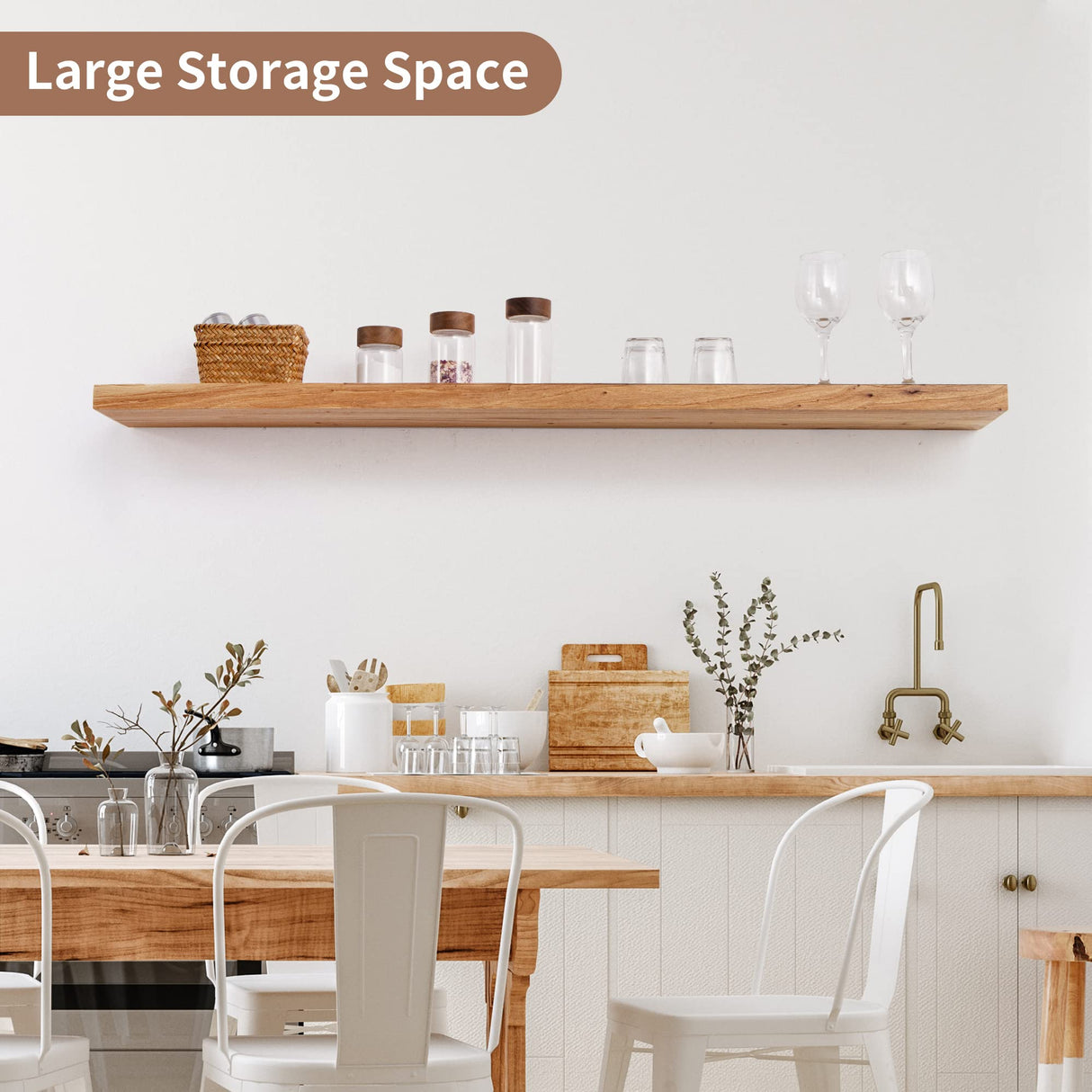 Axeman 48 Inch Fireplace Mantel Shelf - 8 Inch Deep Rustic Solid Elm Wood Floating Shelf, Wall Mounted Farmhouse Display Shelf with Invisible Heavy Duty Metal Bracket, Natural Axeman