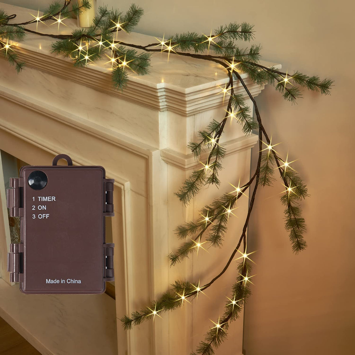 Fudios Lighted Christmas Pine Garland 6FT 48 Warm White LED Battery Operated with Timer for Mantle Fireplace Holiday Winter Decoration Indoor Outdoor Use Fudios