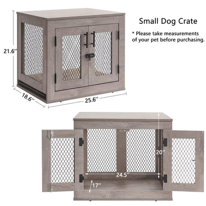 unipaws Dog Crate Furniture, Wooden Dog Kennel for Small Breed, Indoor Decorative Wood Dog Cage, Inside Side End Table Crate with Tray and Dog Bed for Puppy, Cats, Min Pigs, Rabbit, Up to 25 lbs