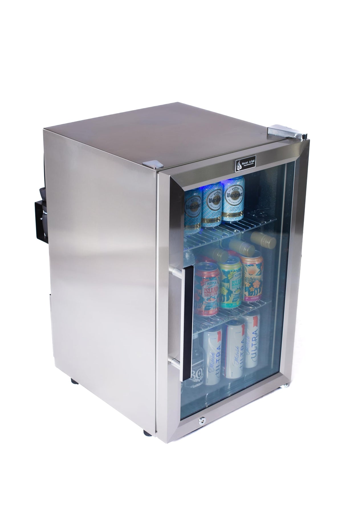 Mont Alpi MAF 2.7 Cubic Ft Stainless Steel Portable Outdoor Rated Glass Door Compact Temperature Adjustable Lockable Refrigerator Beverage & Wine Cooler Module w/ 3 Adjustable Racks + Blue Lighting Mont Alpi