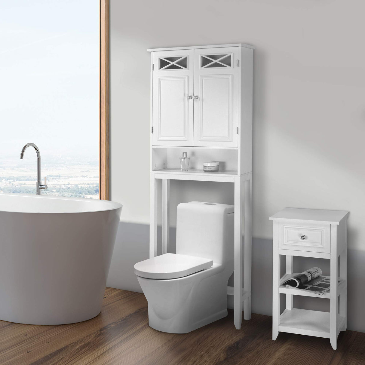 Teamson Home Dawson Wooden 2-Door Bathroom Etagere Over The Toilet Space Saver Cabinet with Interior Adjustable Shelf and Open Shelf, White with Chrome Knobs Teamson Home