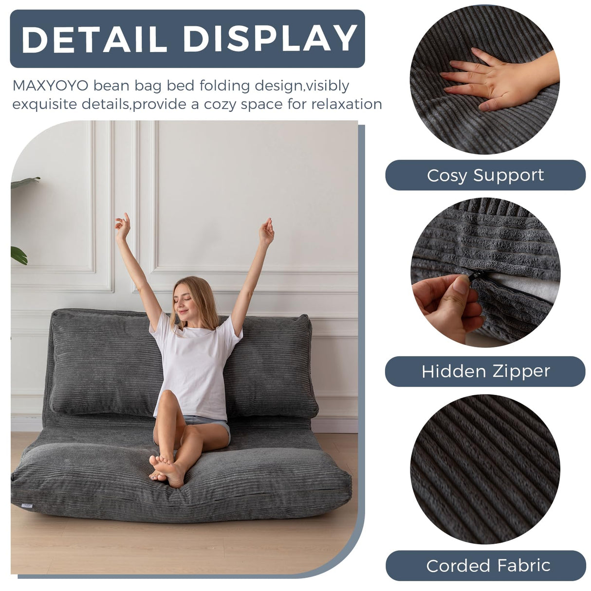 MAXYOYO Bean Bag Bed Folding Sofa Bed Floor Mattress for Adults, Extra Thick and Long Floor Sofa with Corded Washable Cover, Dark Grey, 30x95 Inch MAXYOYO