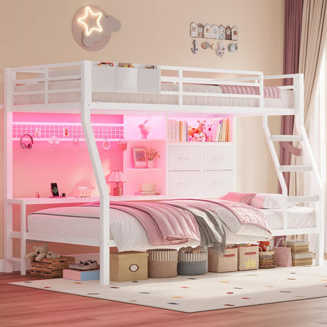 BTHFST Bunk Bed Twin Over Twin with 4 Storage Drawers & Shelves & Bedside Caddy, Twin Bunk Beds with Charging Station & Led Lights, Metal Bunk Bed with Safety Guardrail & Angled Ladder for Kids, White BTHFST
