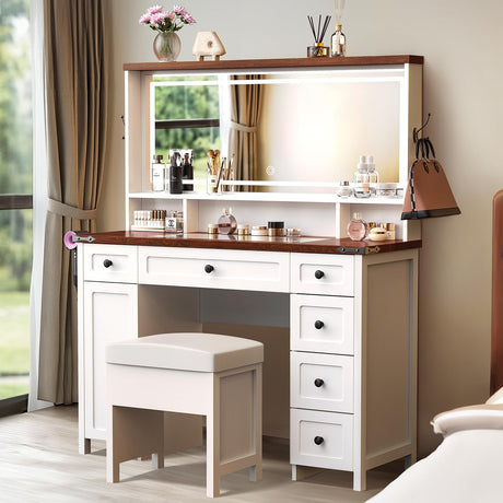 KOLIGEY Vanity Desk with Mirror and Lights, 45"W Farmhouse Makeup Vanity Desk with 44"W Lighted Mirror, Dressing Table with Glass Tabletop, 6 Drawers & 1 Cabinet Door for Bedroom, Dark Walnut & White KOLIGEY
