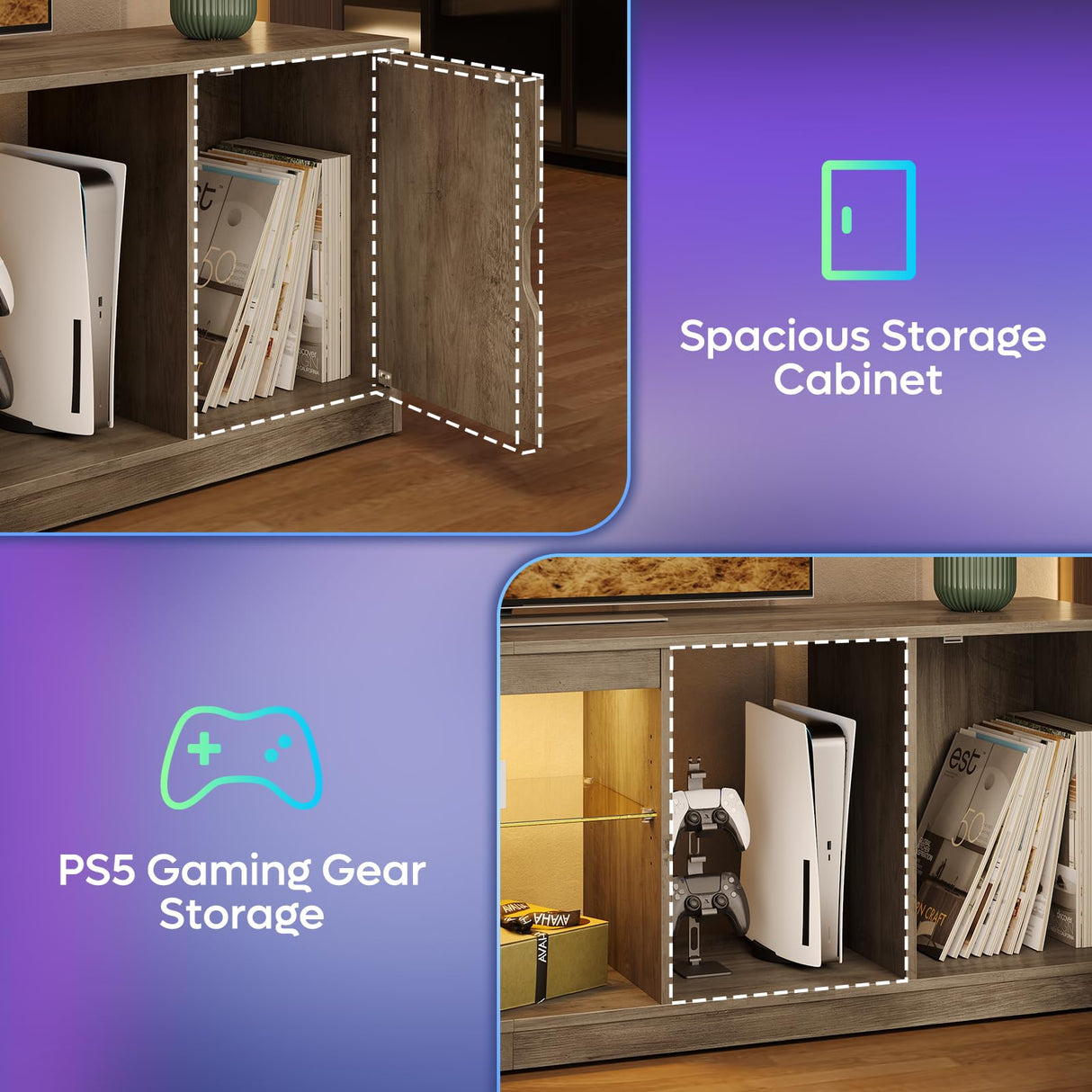 Bestier Led Entertainment Center for PS5, Gaming TV Stand with Cabinet for 60/65 Inch TV, Modern TV Console with Adjustable Glass Shelf for Living Room Easy Assembly (Washed Gray, 70 Inch) Bestier