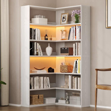 4 EVER WINNER Corner Book Shelf with LED Lights, 71” Corner Bookshelf for Living Room, Study Room, Wooden Storage Display Industrial l Shaped Bookshelf, White 4 EVER WINNER