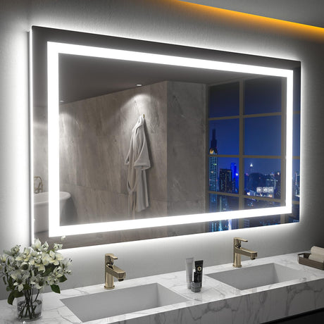 SHUAFA LED Mirror for Bathroom, 48x32 Inch Backlit + Front Lighted Bathroom Vanity Mirror with Lights for Wall, Double Light Strips, 3 Colors, Shatter-Proof, Anti-Fog and Brightness Memory SHUAFA