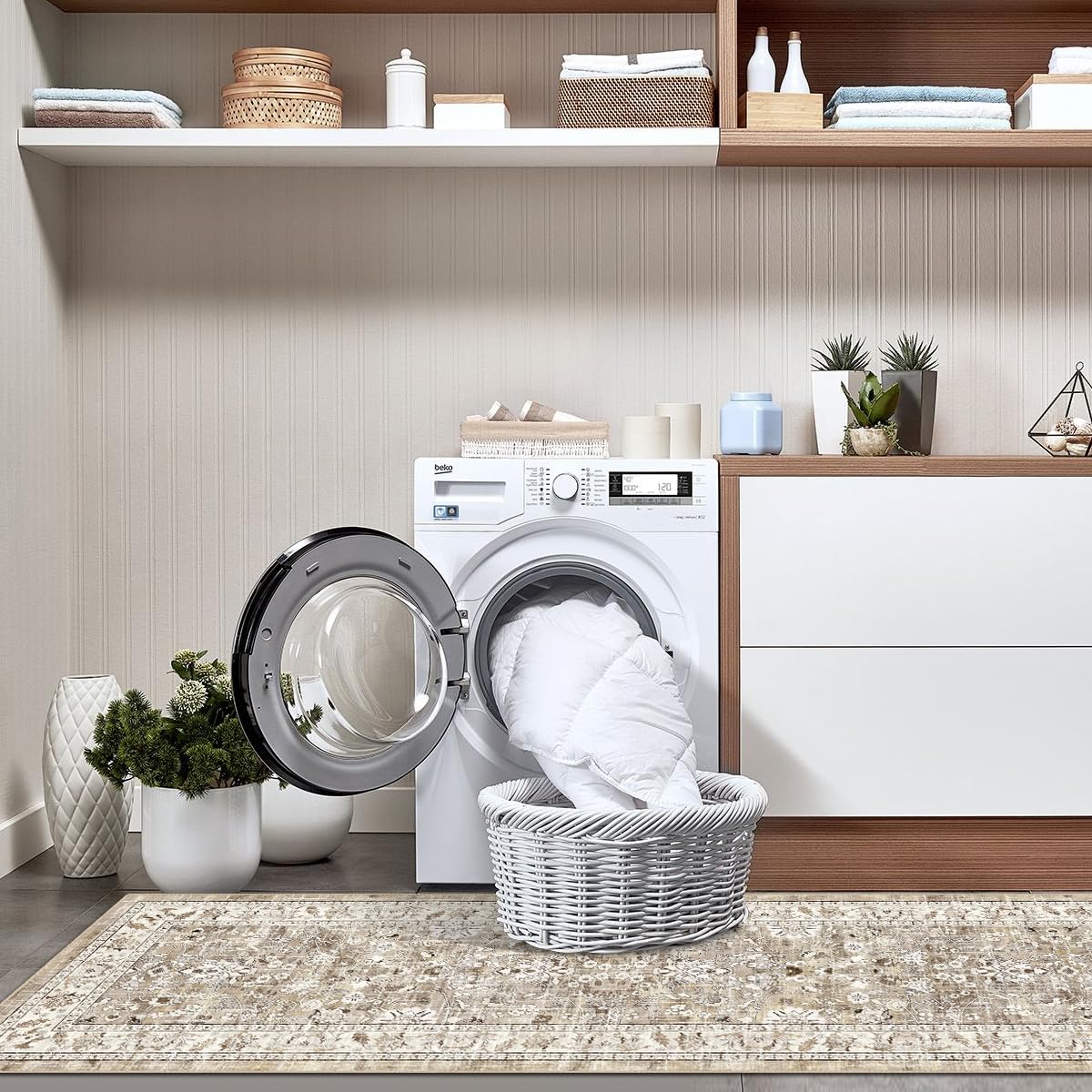 LOKHOM Washable Runner Rug, 2x8 Non-Slip Vintage Hallway Runner Rug with Rubber Backing, Boho Floral Soft Faux Wool Kitchen Runner Rug Carpet Runner for Kitchen Laundry Entryway Bedroom (Beige Brown) LOKHOM