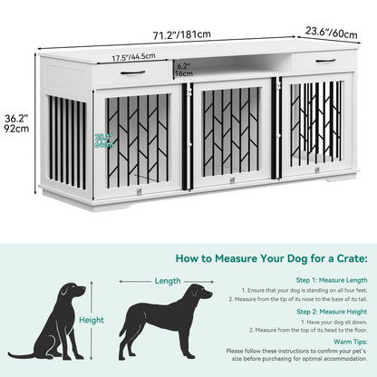 YITAHOME Dog Kennel Furniture for 3 Dogs, 71.2" Dog Crate TV Stand with 2 Drawers, Wooden Large Dog Kennel for 3 Small Medium Dogs, White