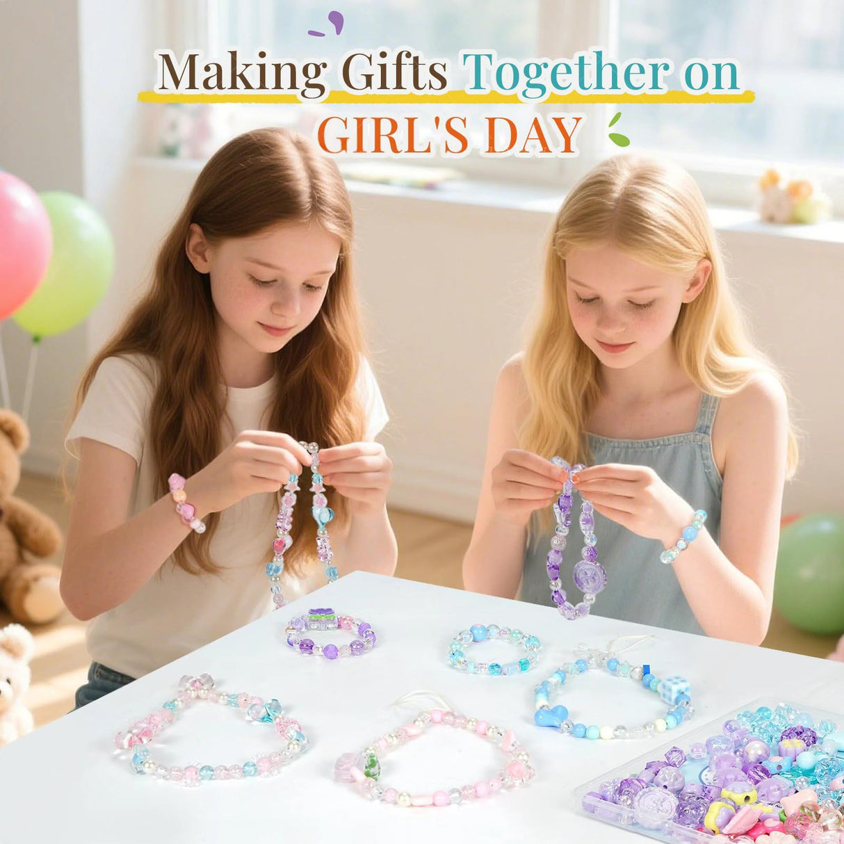 JoyJellies Assorted Beads Bracelet Making Kit, 260+Pcs Charms Keychain Making Kit with String Key Ring Clips Cute Bow Heart Acrylic Beads for Bracelets DIY Arts and Crafts Girls Jewelry Making JoyJellies