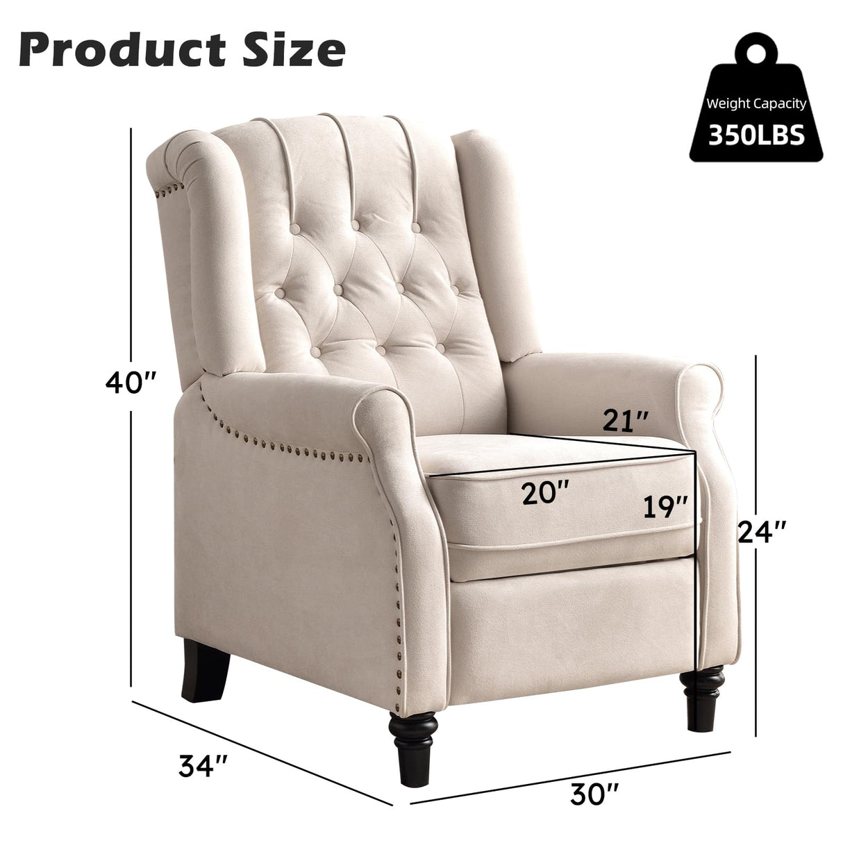 IOMOR Push Back Recliner Chair Fabric Lounge Armchair Pushback Recliner with Rivet Decoration Wingback Single Sofa Chair with Padded Seat for Living Room, Bedroom (1, Beige) IOMOR