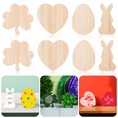 AWIZOM 12 Pcs Wooden Holiday Cutouts Unfinished Shamrock Heart Bunny Egg Shaped Table Sign Standing Wooden Centerpieces Unpainted Wood Blocks for DIY Crafts Valentine Day St.Patrick Day Easter Decors AWIZOM