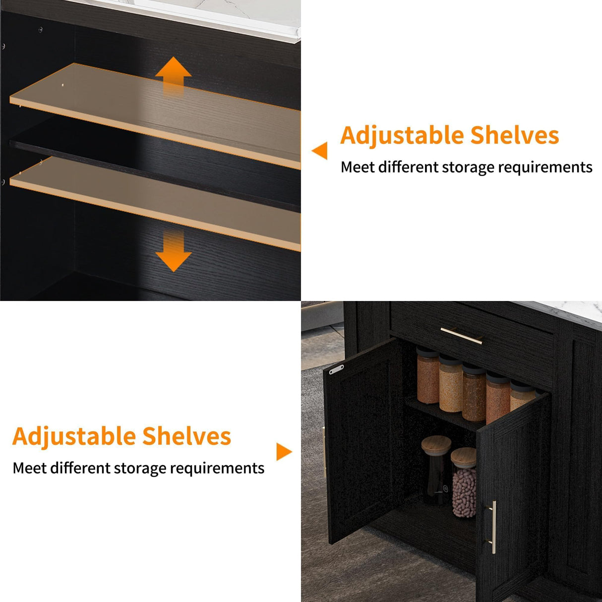 FUSUNBAO Large Kitchen Island with Storage & Power Outlet, Drawer, Adjustable Shelves, Side Open Compartments, and Drop Leaf,Island Table for Kitchen with Footrest,Black FUSUNBAO