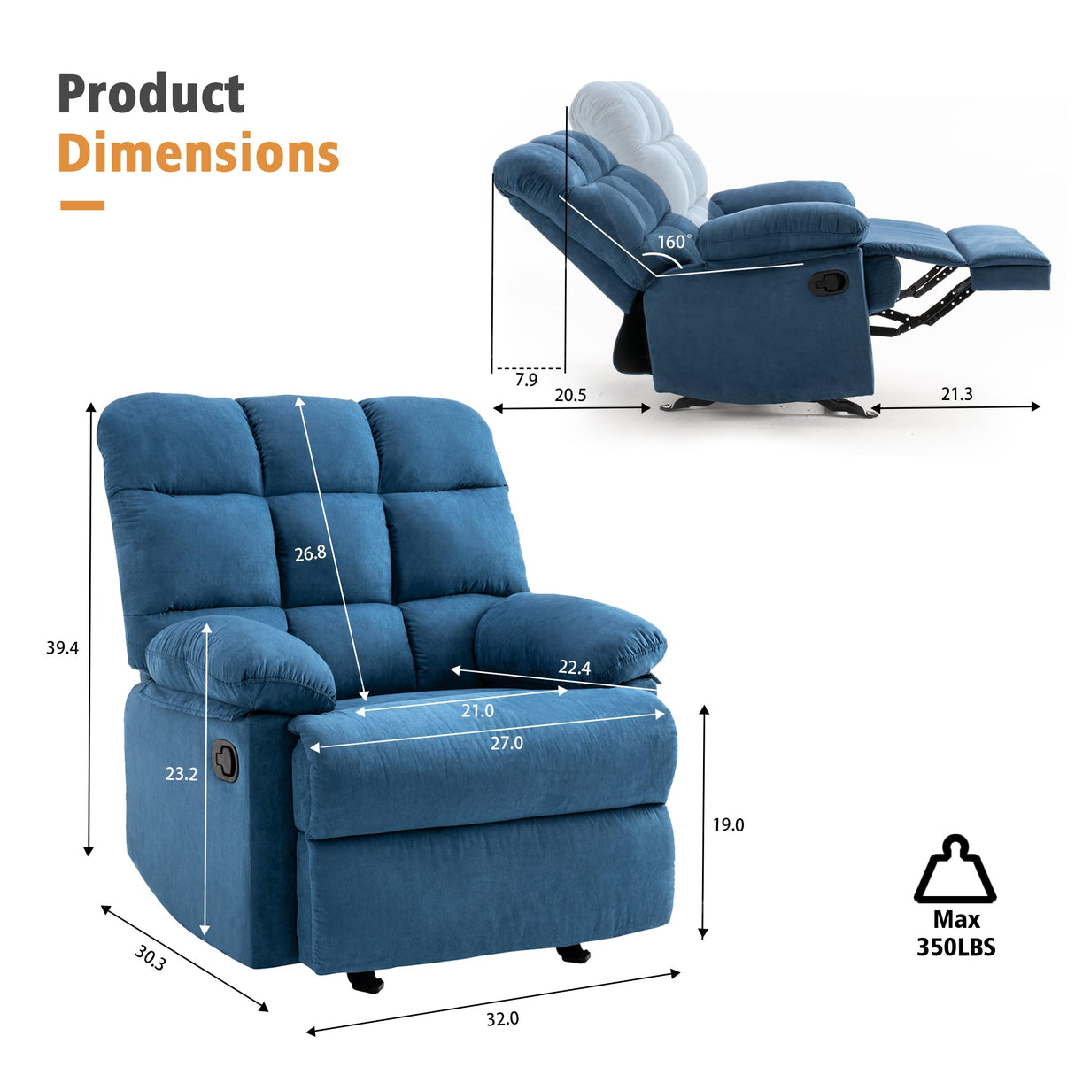 Ketaiyou Rocker Recliner Chair, Overstuffed Manual Rocking Recliner for Adults, Upholstered Comfy Soft Fabric Living Room Reclining Sofa Chair (Blue) Ketaiyou