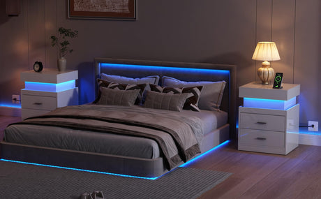 ChooChoo LED Nightstand with Charging Station, Smart Night Stand with Sliding Top Storage, 2-Drawers High Gloss Bedside Table, Modern End Table for Bedroom,White ChooChoo