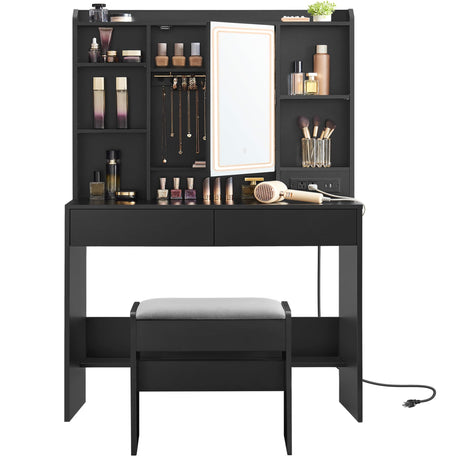 VASAGLE Vanity Desk with Power Outlets, Makeup Vanity with Mirror and Lights, Upholstered Vanity Stool, Dimmable LED Lights, 6 Compartments, 2 Drawers, for Bedroom, Ink Black URDT031B01 VASAGLE