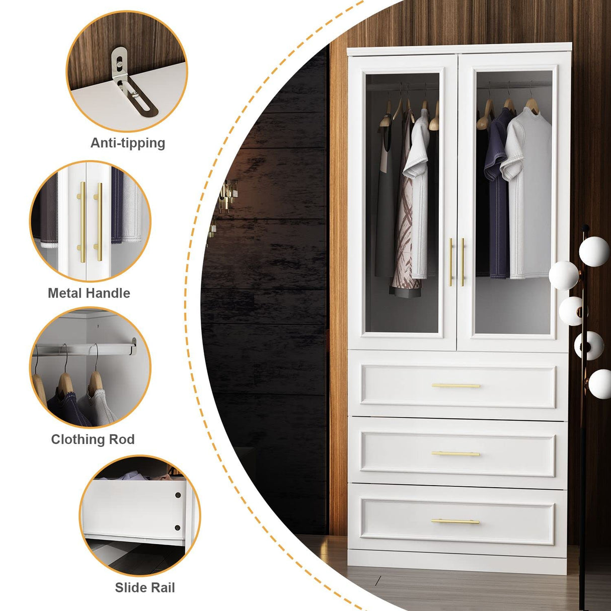 FAMAPY Wardrobe Closet with 2 Glass Doors & 3 Drawers, Armoire Wardrobe Closet with Hanging Rod, Gold Metal Handles, Bedroom Armoire Closet White (31.7”W x 19.3”D x 74.9”H) FAMAPY