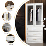 FAMAPY Wardrobe Closet with 2 Glass Doors & 3 Drawers, Armoire Wardrobe Closet with Hanging Rod, Gold Metal Handles, Bedroom Armoire Closet White (31.7”W x 19.3”D x 74.9”H) FAMAPY