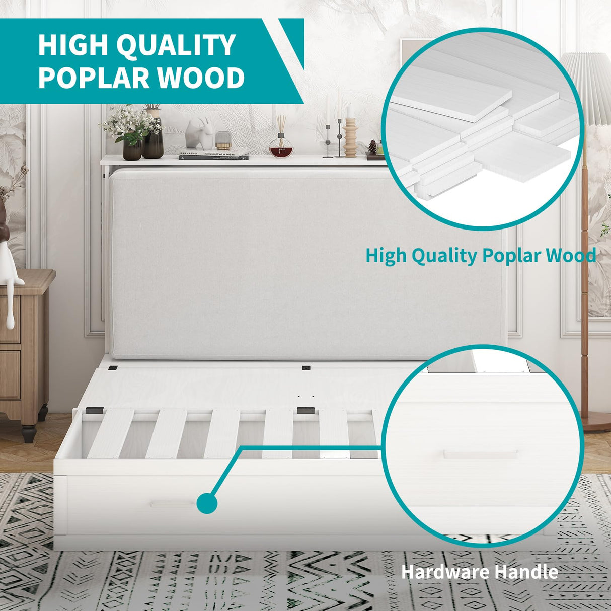 BALUS Murphy Cabinet Bed, Queen Murphy Bed with Charging Station, Tri-fold Memory Mattress, Storage Drawers, Space-Saving Wooden Folding Cube Chest Wall Beds for Living Room and Apartments White BALUS