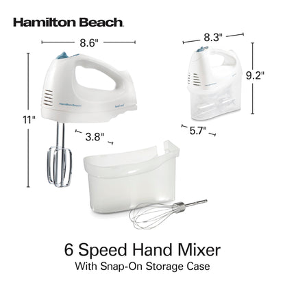 Hamilton Beach 6-Speed Electric Hand Mixer with Whisk, Traditional Beaters, Snap-On Storage Case, 250 Watts, White