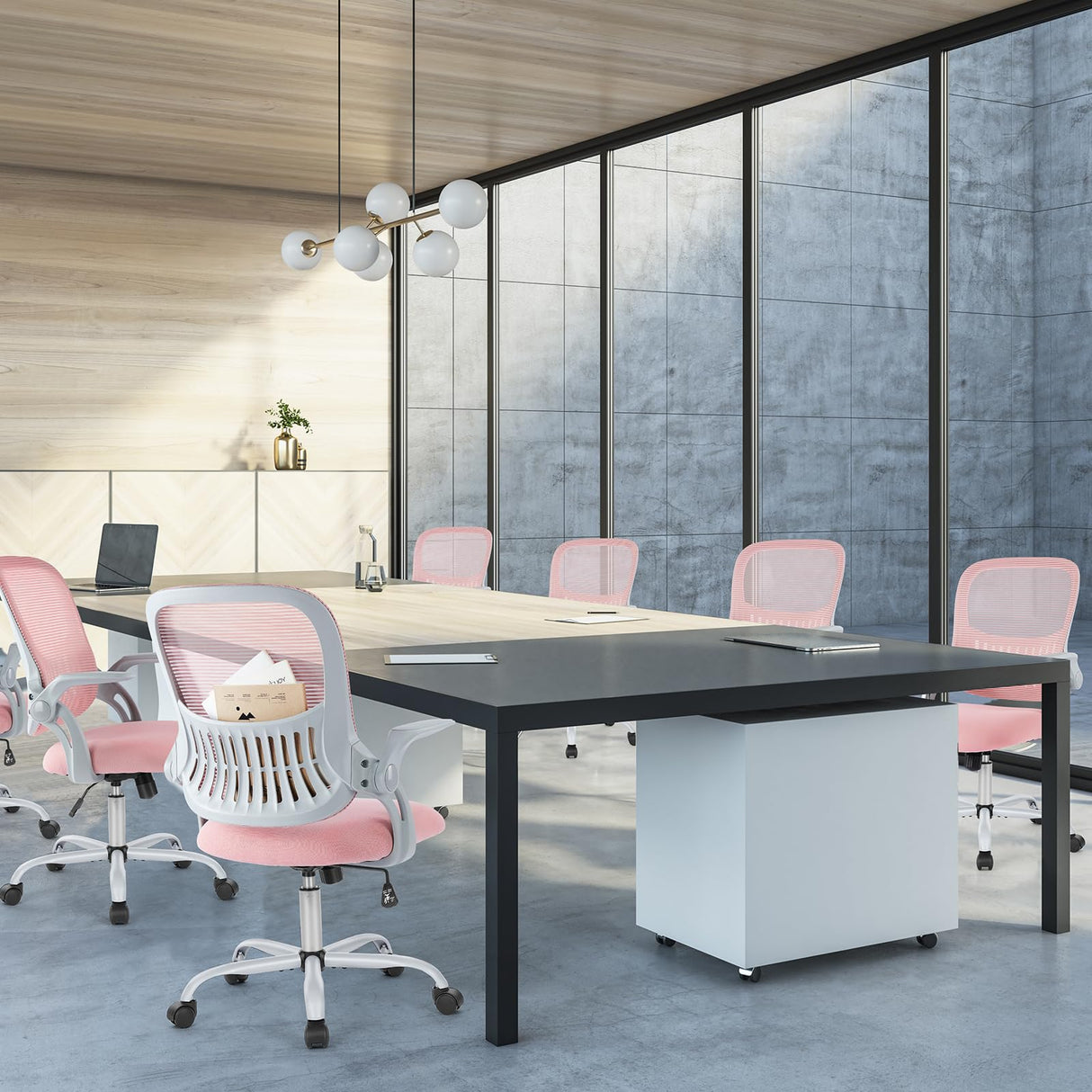 Sweetcrispy Office Computer Desk Chair, Ergonomic Mid-Back Mesh Rolling Work Swivel Task Chairs with Wheels, Comfortable Lumbar Support, Comfy Flip-up Arms for Home, Bedroom, Study, Student, Pink Sweetcrispy