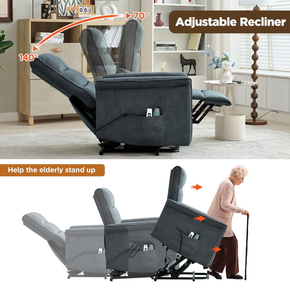 MANBUR Power Lift Recliner with Vibration and Lumbar Heat, Electric Power Lift Chair Recliner Chair, Home Theater Seating RV Recliner Living Room Chair with Side Pockets, LED Light, USB Port(Blue) MANBUR