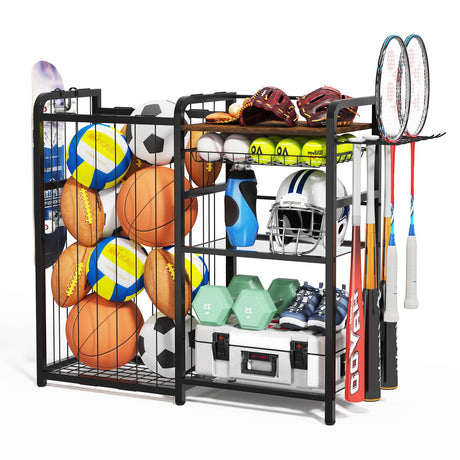 Homsorout Garage Sports Equipment Organizer, Ball Storage for Gear and Toys, Large Capacity, Sports Organizer for Garage with Hooks and Baskets, for golf, Football, Soccer Ball, Bat Homsorout