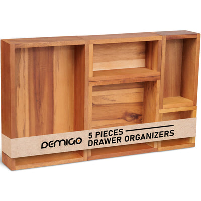 Demigo Acacia Drawer Organizer Set of 5, Cabinet Container Box, Wood Bin Set in Varied Sizes, Dividers Holder for Storage Cooking Utensils Spices Tea Bags Foods Office Items (Brown)