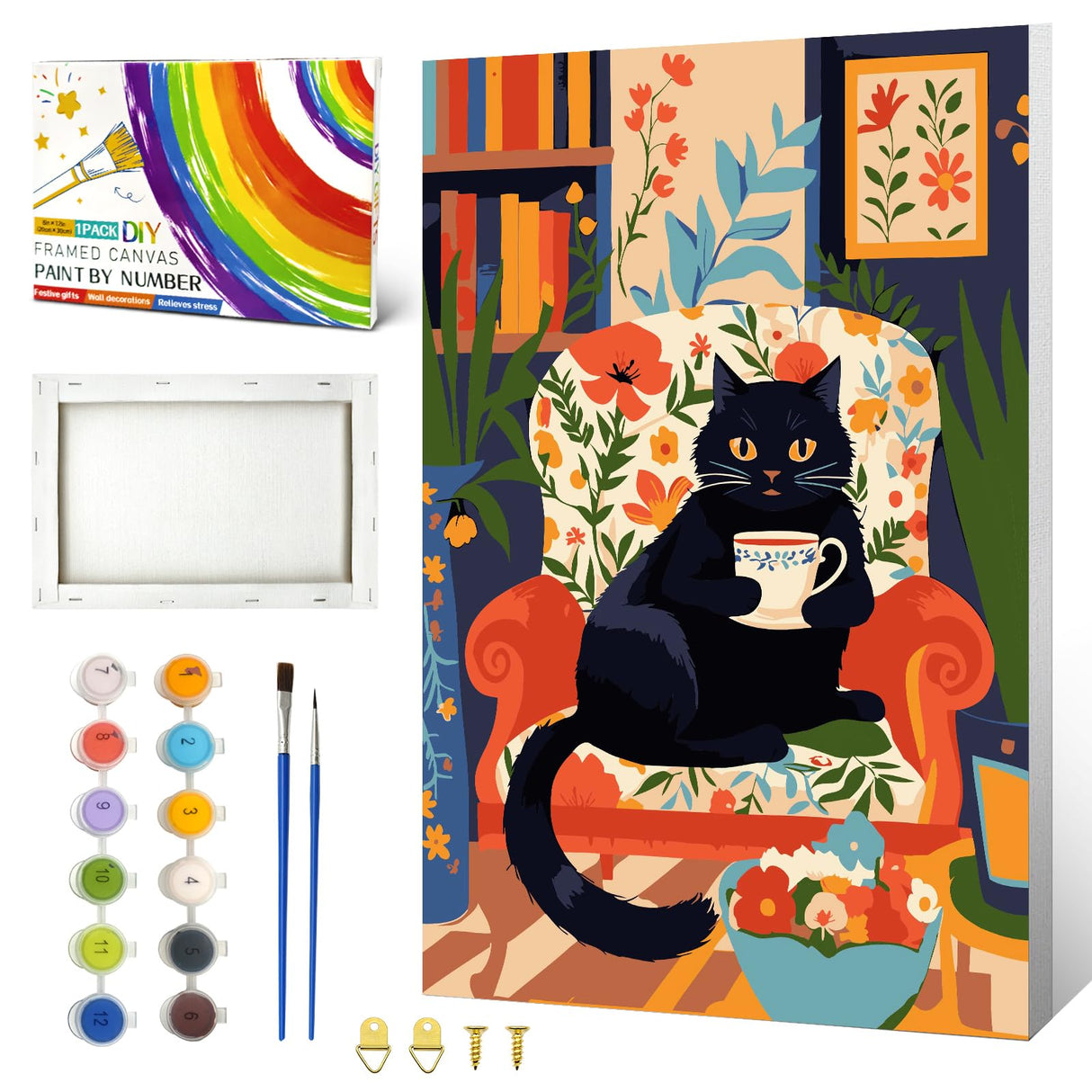 ZTOTZ Paint by Numbers Cat with Frame,Small Paint by Number Kits for Adults Cats,Black Cat Framed Paints- by -Number Kits Canvas 8x12inch for Home Wall Decor(Coffee Kitty) ZTOTZ