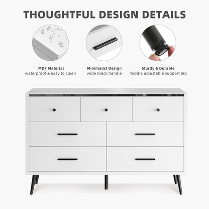 DWVO 7 Drawer Dresser for Bedroom, White Wood Storage Dressers & Chests of Drawers with Black Metal Handle ＆ Anti-Tipping Device, Modern Double Dresser Storage Cabinet Living Room Hallway, Entryway