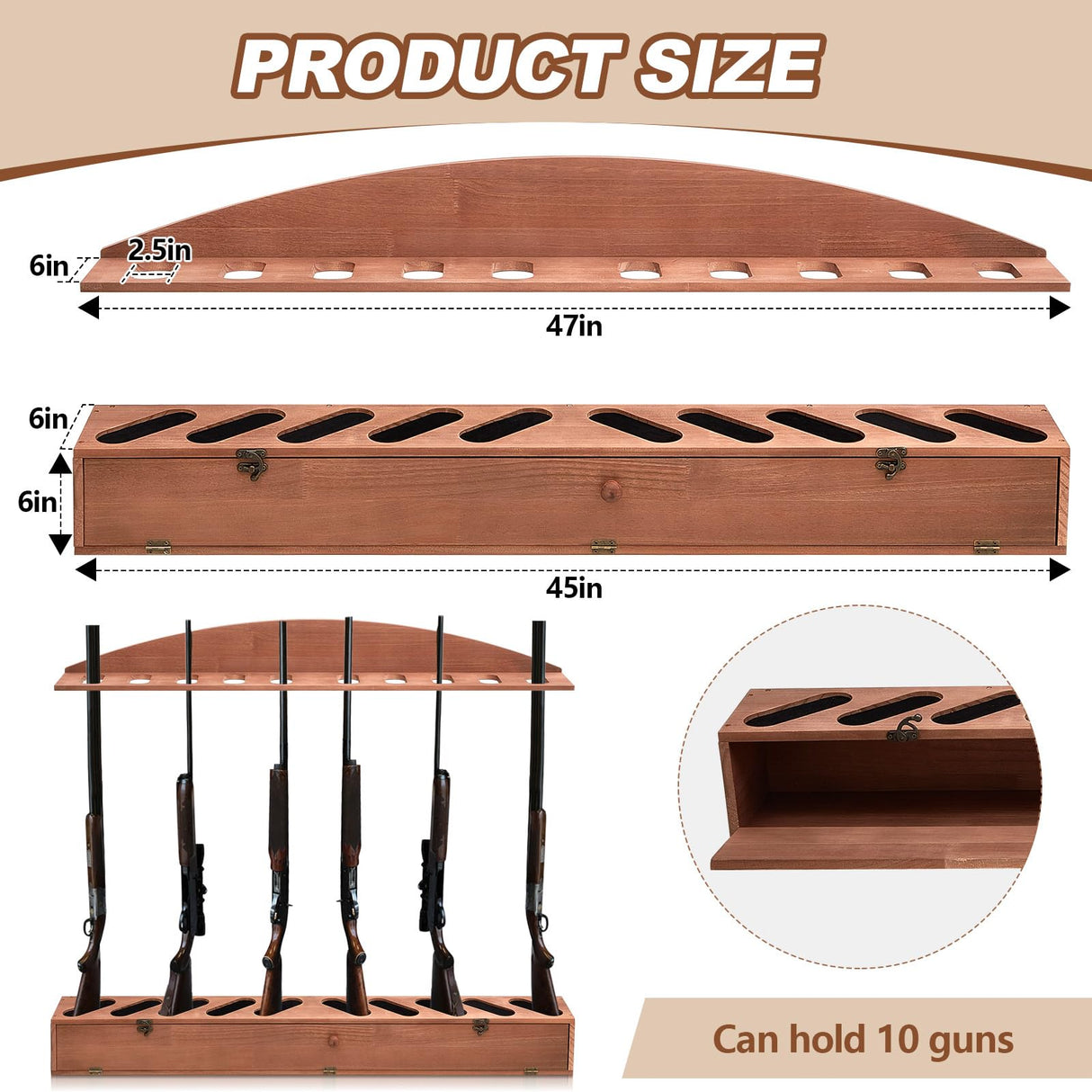 Wenqik Gun Rack with Lockers 10 Gun Holders Solid Pine Wall Mounted Gun Storage Rack Rifle Rack for Home or Garage Safe Hunting Gun Storage Choose Wenqik