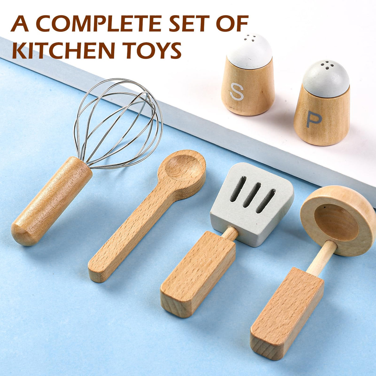 Wood Kids Play Kitchen Accessories Set, Pretend Play Cooking Toys Set, Kitchen Toys Playset for Toddlers, Toy Pots and Pans for Kids Kitchen with Fake Play Food Cookware, Girls Boys Gift umu