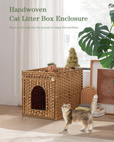 SETVSON Cat Litter Box Enclosure Furniture, Hidden Litter Box with Mat and Fence, Handwoven Rattan Cat House with Two S-Shaped Hooks for Living Room, Bedroom, 18.5 x 20.5 x 19.1 Inches (Natural) SETVSON