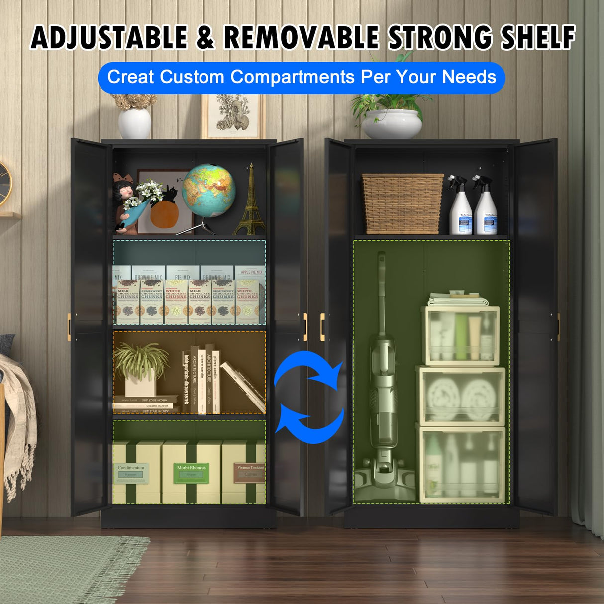 Polup 60 Inch Tall Pantry Cabinet, Metal Kitchen Storage Cabinet with Doors and Shelves, Black Cupboard for Food Storage, Freestanding Cabinet for Living Room, Dining Room - Assembly Required Polup