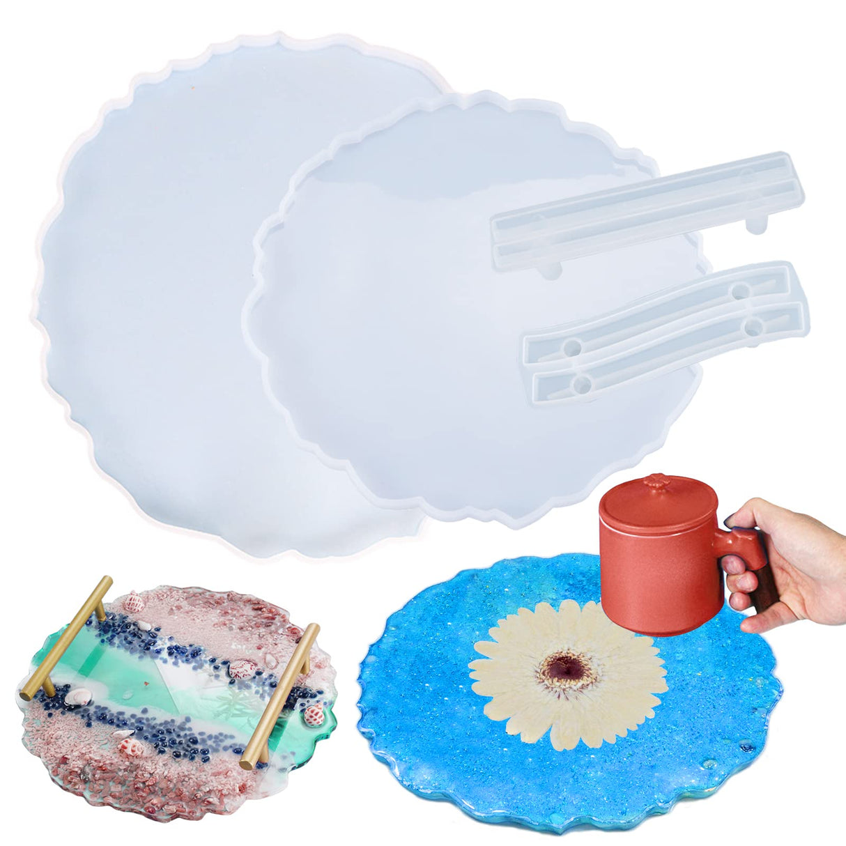 2 Size Large Silicone Tray Molds with Handles Molds 13 Inches Round Big Tray Resin Mold Irregular Geode Coasters Jewelry Plates Mold for Epoxy Resin Casting Art Craft Supplies Wehous