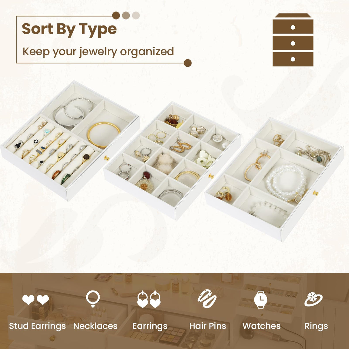 HAUOMS Makeup Vanity with Lights & Sliding Mirror, Vanity Desk with Jewelry Organizer, Glass Cabinet & 5 Drawers, Dressing Table, Modern White HAUOMS