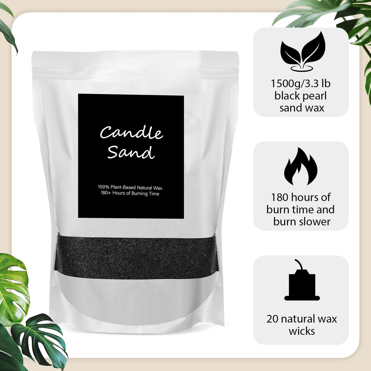 MTLEE Candle Sand 3.3 lb DIY Candle Sand Candle Making Kit Included 20 Pcs Wicks and Refillable Beaded Wax Sand Candle Sand with Wicks Self Extinguish Candle for Home Wedding Party(Black) MTLEE