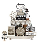 Dandat 15 Pcs Christmas Tiered Tray Decor Winter Tiered Tray Decorations Set Hello Winter Let It Snow Snowman Snowflake Wooden Signs Farmhouse Table Centerpieces for Home Table Shelf Dandat