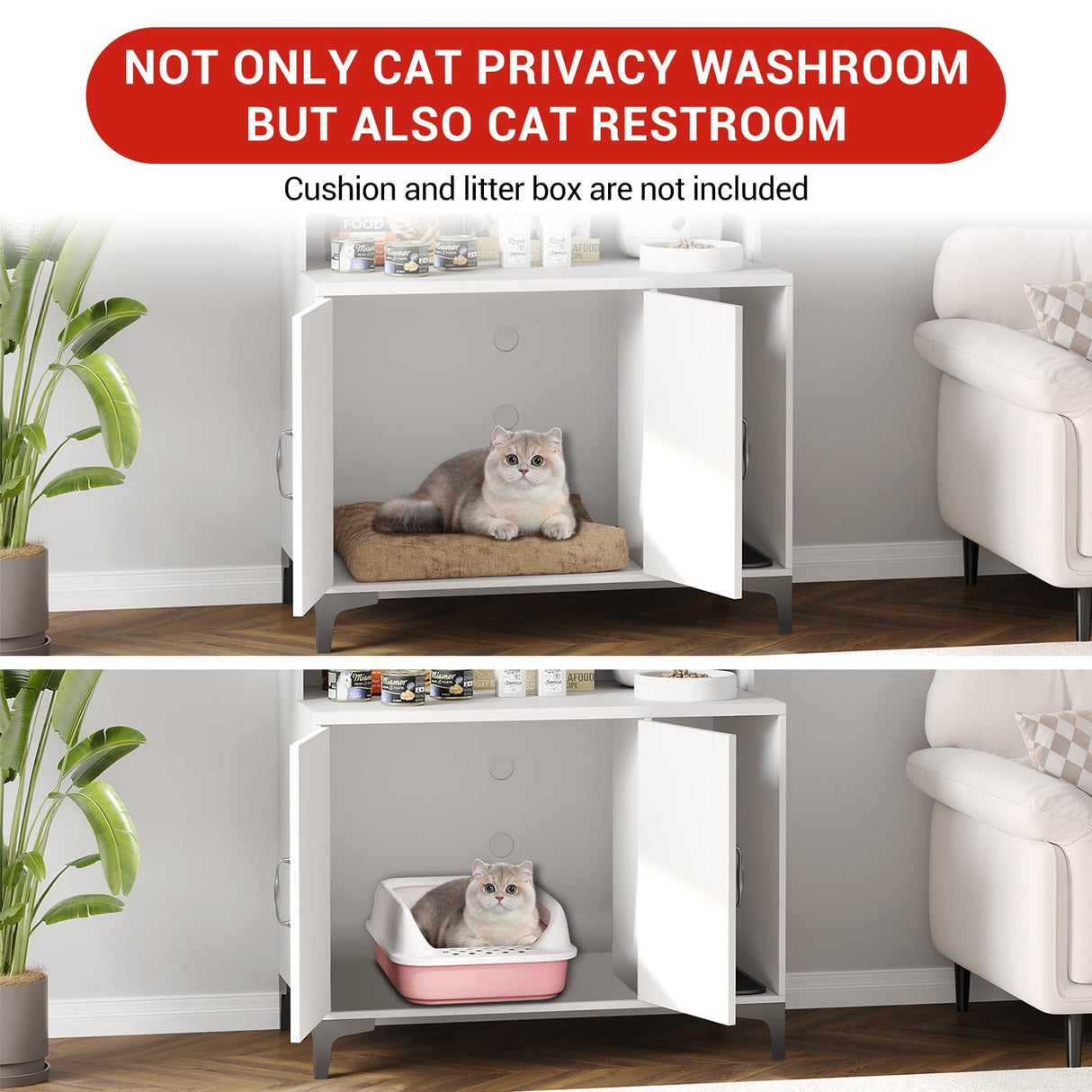 Litter Box Enclosure with Shelves and Doors, 2-in-1 Hidden Cat Litter Box Cabinet Furniture with Shelf, 51" Indoor Cat House Wood Sturdy Pet Washroom EcoSummer