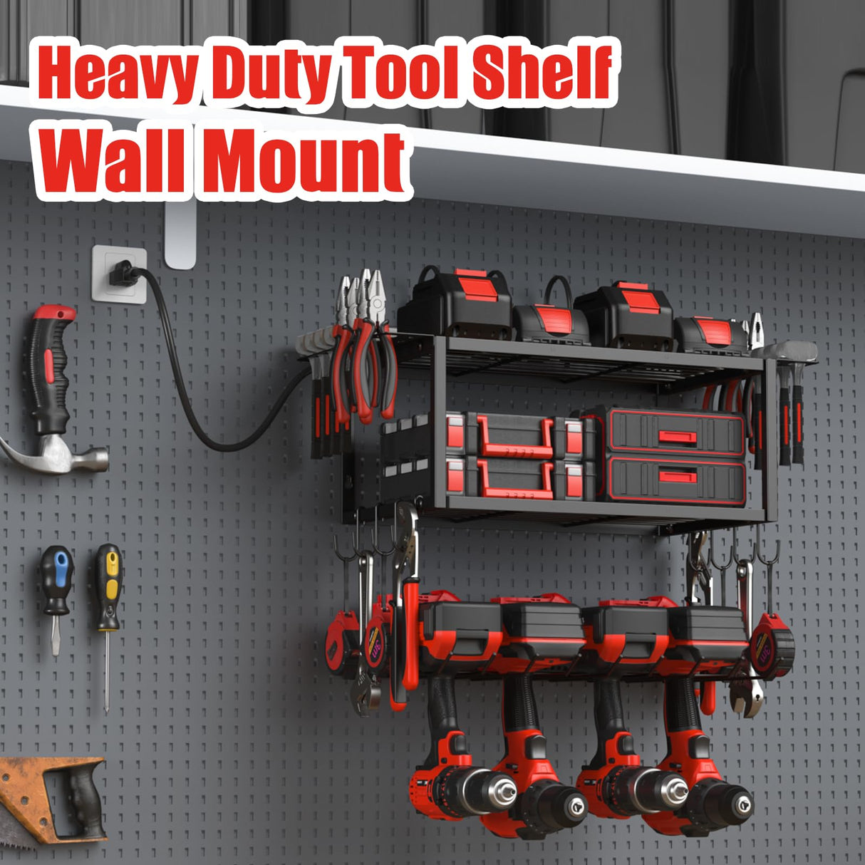 JUNNUJ Tool Organizer with Charging Station, 3 Layers Wall Mount Garage Tools Storage with 8 Outlets Power Strip, 4 Drills Holder Battery Heavy Duty Metal Shelf, Utility Rack with Hooks, Black JUNNUJ