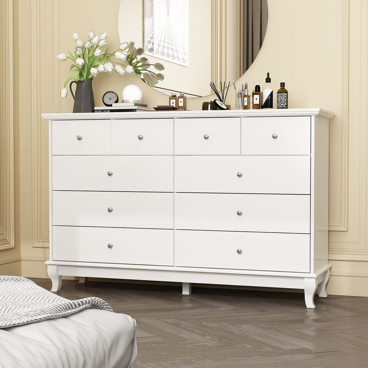 Homsee 10 Drawer Double Dresser with Stylish Carved Legs, Modern Wood Dresser Chest of Drawers with Large Storage Space for Bedroom, White (55.1”W x Homsee